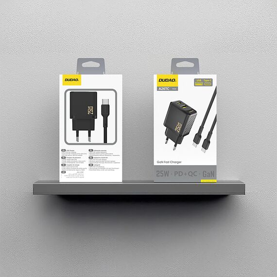 Dudao A26TCEU PD QC 25W GaN USB-A USB-C Wall Charger with USB-C Cable - Black - Travel Chargers - Smartphone Chargers - Techbox