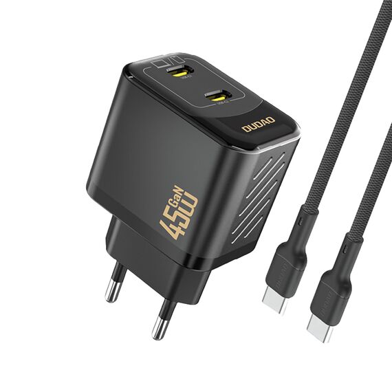 Dudao A28PCEU PD 45W GaN 2xUSB-C Wall Charger with USB-C Cable - Black | Techbox