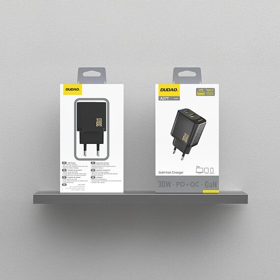 Dudao A27TEU PD 30W GaN USB-A USB-C Wall Charger - Black - Travel Chargers - Smartphone Chargers - Techbox