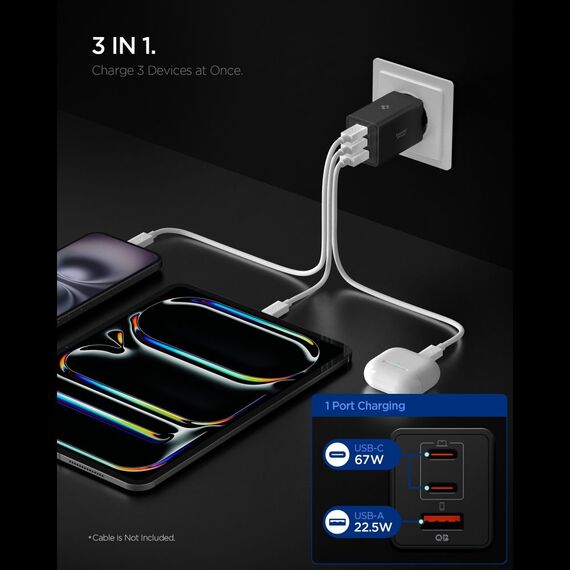Spigen Essential EE673EU 3-port charger 2xUSB-C 1xUSB-A 67W - black