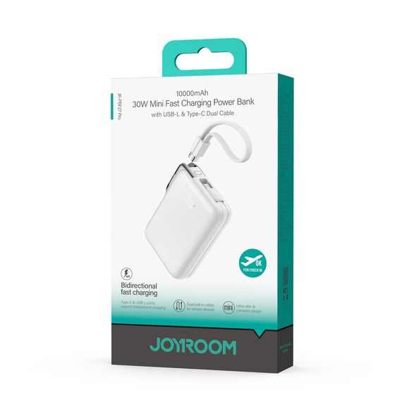 Joyroom JR-PBF27 Pro 10000mAh 30W Power Bank with Built-in USB-C Cable and Additional Bidirectional USB-C to Lightning Cable - White - Travel Chargers - Smartphone Chargers - Techbox