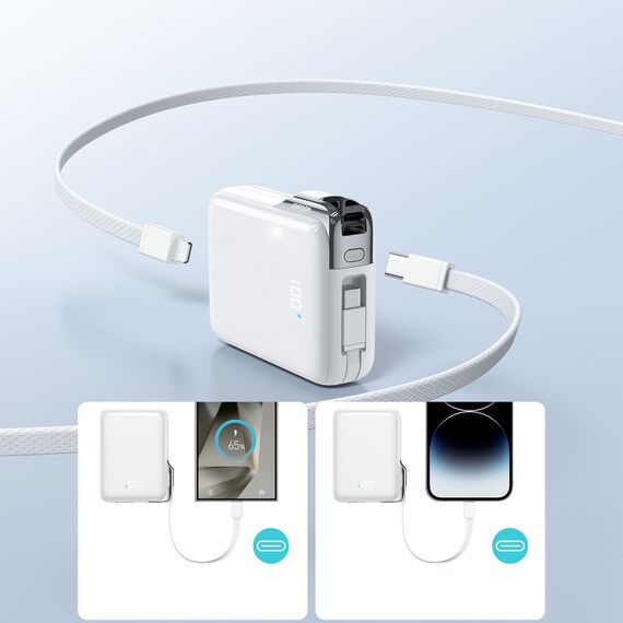 Joyroom JR-PBF27 Pro 10000mAh 30W Power Bank with Built-in USB-C Cable and Additional Bidirectional USB-C to Lightning Cable - White - Travel Chargers - Smartphone Chargers - Techbox