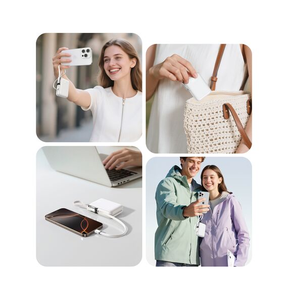 Joyroom JR-PBF27 Pro 10000mAh 30W Power Bank with Built-in USB-C Cable and Additional Bidirectional USB-C to Lightning Cable - White - Travel Chargers - Smartphone Chargers - Techbox