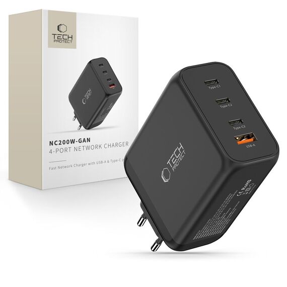 Tech-Protect NC200W-GaN 4-Port 200W Wall Charger - Black