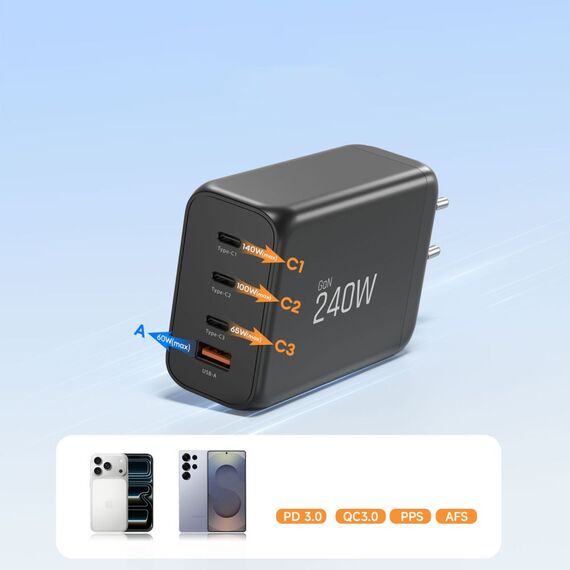 Tech-Protect NC240W-GaN 4-Port 240W Wall Charger - Black