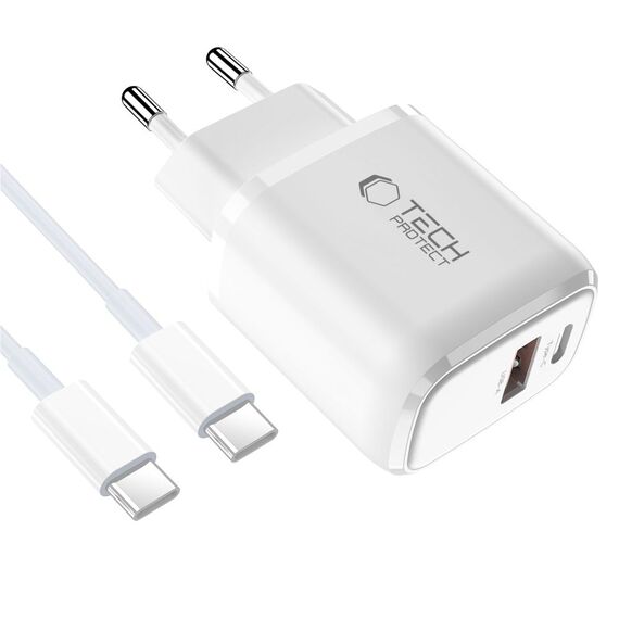 Tech-Protect NCA45W-GAN 2-Port 45W Wall Charger with USB-C Cable - White