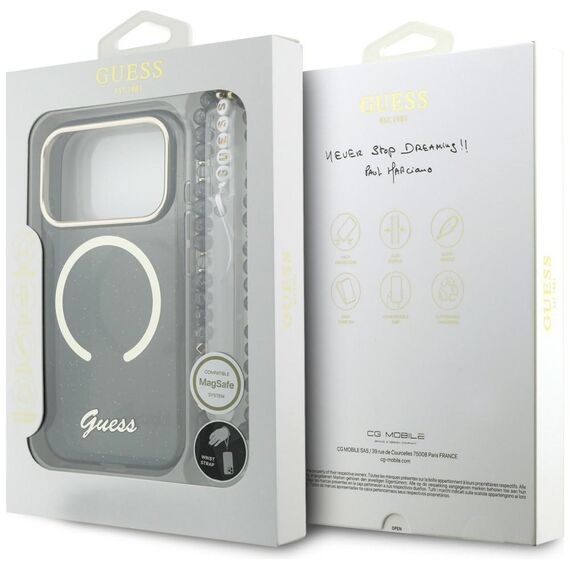 Guess IML Glitters Script Strap MagSafe Case for iPhone 17 Pro - Black