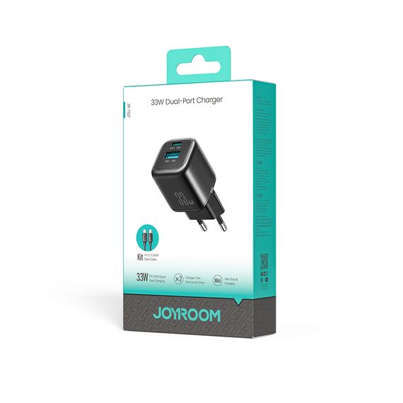 Joyroom JR-TG7 33W USB-A + USB-C Wall Charger with 60W USB-C to USB-C 1m Cable - Black - Powerbanks - Smartphone Chargers - Techbox