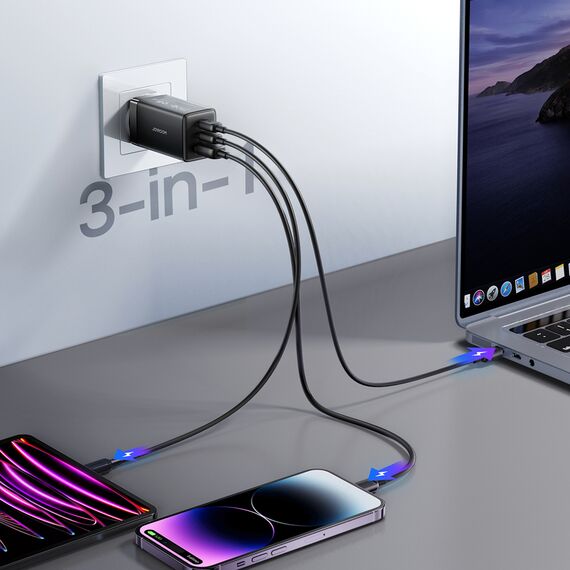 Ładowarka sieciowa Joyroom JR-TG10 65W GaN 2x USB-C + USB-A z kablem 100W USB-C - USB-C 1.2m - czarna