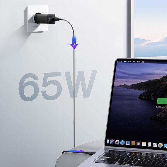 Ładowarka sieciowa Joyroom JR-TG10 65W GaN 2x USB-C + USB-A z kablem 100W USB-C - USB-C 1.2m - czarna