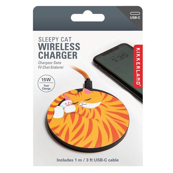 Kikkerland - Sleepy Cat Wireless Charger - Diameter: 4 inches, Thickness: 0.25 inches / Electronics