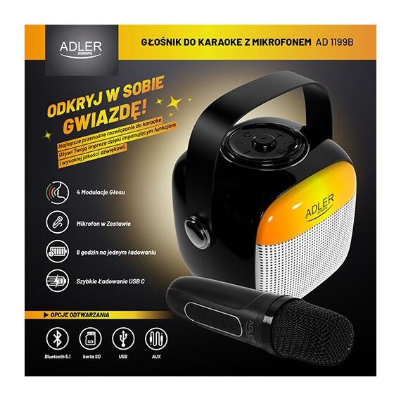 Adler AD 1199 black Karaoke speaker with microphone - SD/USB/AUX/Bluetooth | Techbox