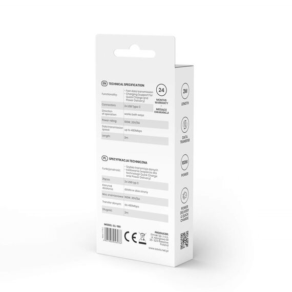 Savio CL-160 USB cable 2 m USB 2.0 USB C - USB C Black - USB Cables - Cables & Adapters - Techbox