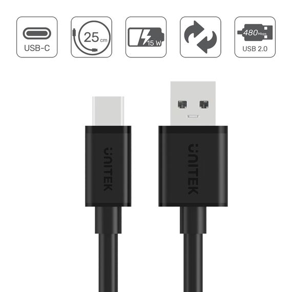 UNITEK USB CABLE USB-A — USB-C 25CM, Y-C480BK | Techbox