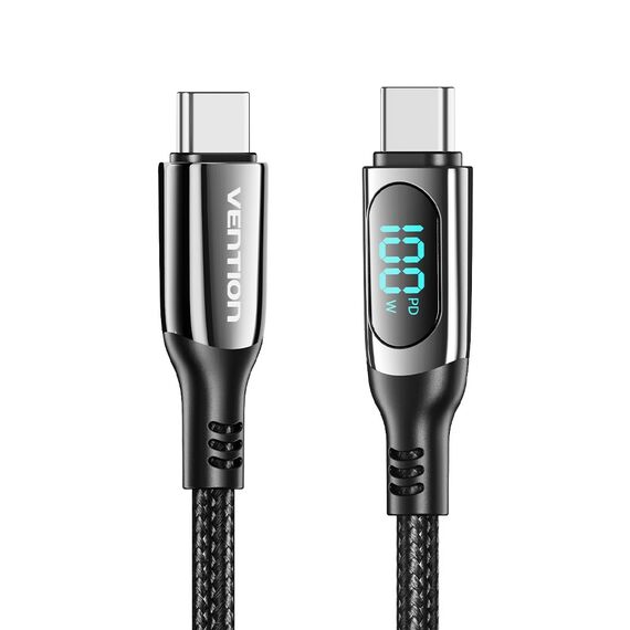 Vention Cotton Braided USB 2.0 C Male to C Male 5A Cable With LED Display 1.2M Black Zinc Alloy Type | Techbox