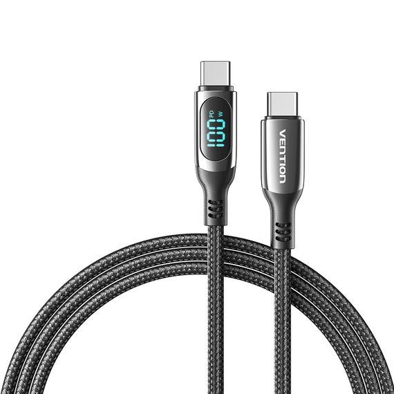 Vention Cotton Braided USB 2.0 C Male to C Male 5A Cable With LED Display 1.2M Black Zinc Alloy Type | Techbox