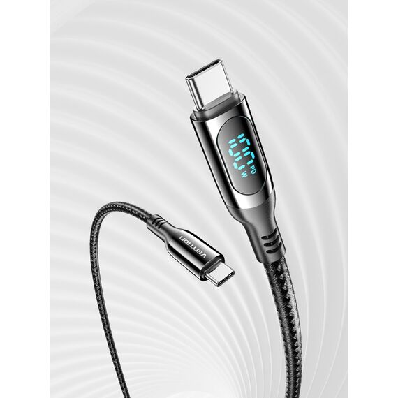 Vention Cotton Braided USB 2.0 C Male to C Male 5A Cable With LED Display 1.2M Black Zinc Alloy Type | Techbox