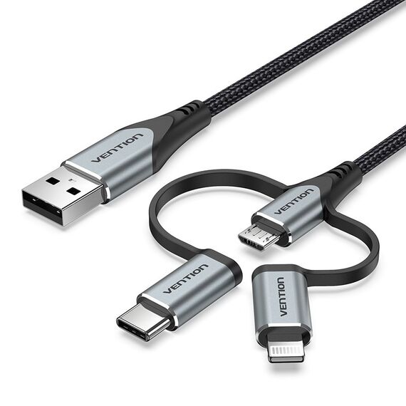 Vention USB 2.0 A Male to 3-in-1 Micro-B&USB-C&Lightning Male Cable 1M Gray Aluminum Alloy Type | Techbox