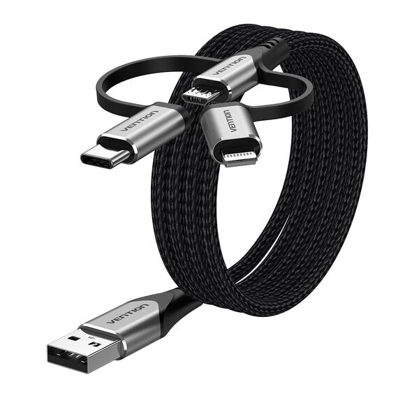 Vention USB 2.0 A Male to 3-in-1 Micro-B&USB-C&Lightning Male Cable 1M Gray Aluminum Alloy Type | Techbox