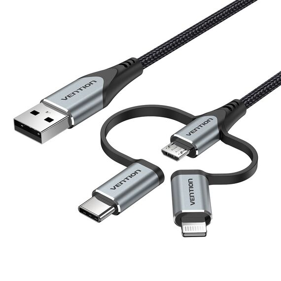Vention USB 2.0 A Male to 3-in-1 Micro-B&USB-C&Lightning Male Cable 1M Gray Aluminum Alloy Type | Techbox