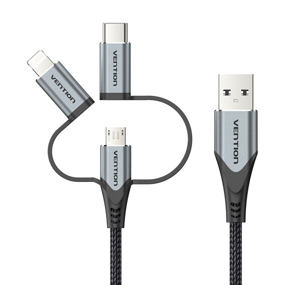 Vention USB 2.0 A Male to 3-in-1 Micro-B&USB-C&Lightning Male Cable 1M Gray Aluminum Alloy Type | Techbox