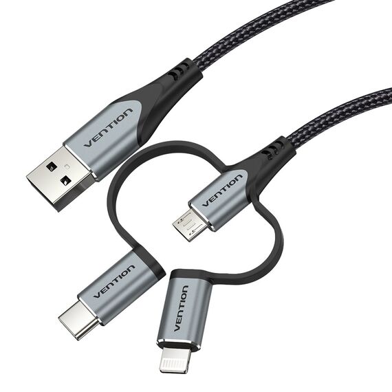 Vention USB 2.0 A Male to 3-in-1 Micro-B&USB-C&Lightning Male Cable 1M Gray Aluminum Alloy Type | Techbox