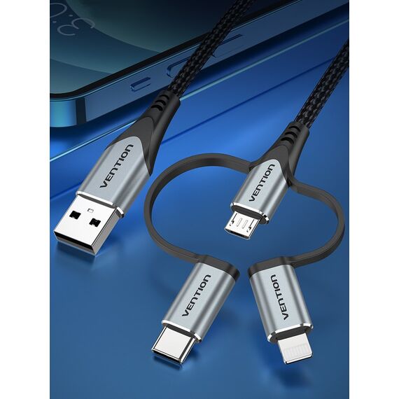 Vention USB 2.0 A Male to 3-in-1 Micro-B&USB-C&Lightning Male Cable 1M Gray Aluminum Alloy Type | Techbox