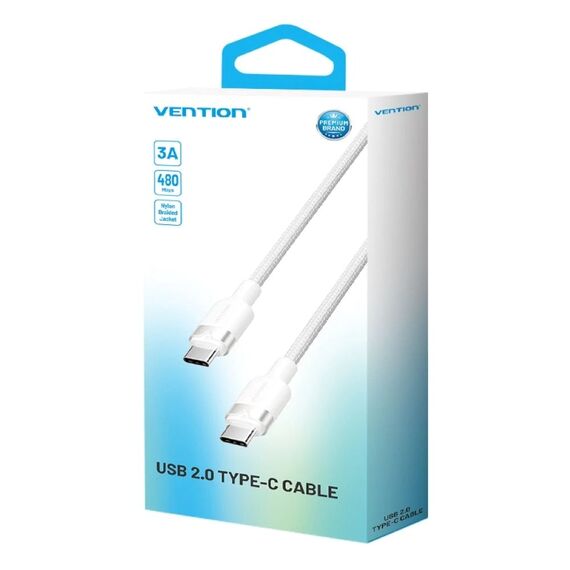 Vention USB-C to C cable, braided, 3A, 480Mbps, 60W, 2m, WH - Cables & Adapters - Cables & Accessories - Techbox