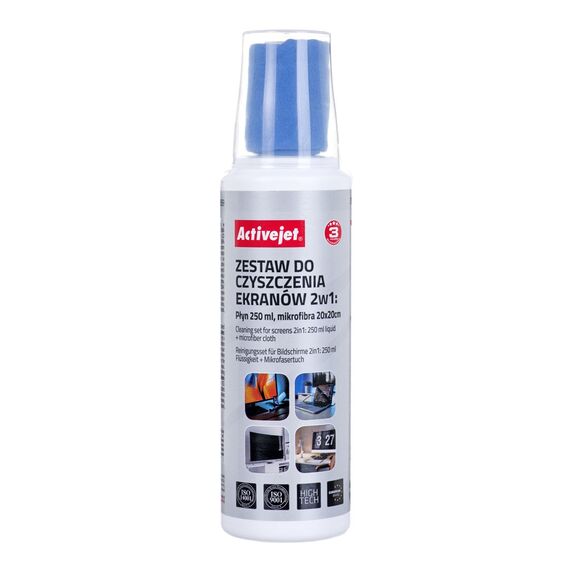 Activejet AOC-269 Liquid, Screen cleaning kit 2in1 250 ml, 20x20 cm,  Screen cleaner, plastic cleaner and microfiber cleaning cloth 20x20 cm | Techbox