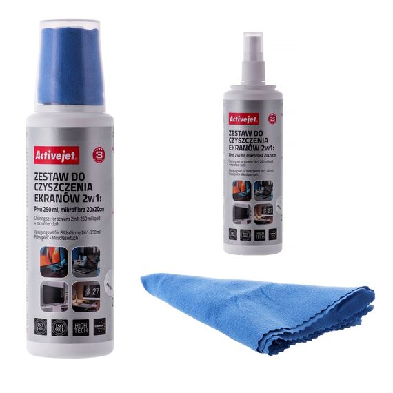 Activejet AOC-269 Liquid, Screen cleaning kit 2in1 250 ml, 20x20 cm,  Screen cleaner, plastic cleaner and microfiber cleaning cloth 20x20 cm | Techbox