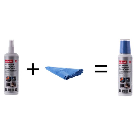 Activejet AOC-269 Liquid, Screen cleaning kit 2in1 250 ml, 20x20 cm,  Screen cleaner, plastic cleaner and microfiber cleaning cloth 20x20 cm | Techbox