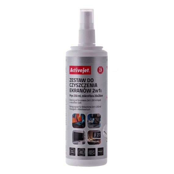 Activejet AOC-269 Liquid, Screen cleaning kit 2in1 250 ml, 20x20 cm,  Screen cleaner, plastic cleaner and microfiber cleaning cloth 20x20 cm | Techbox