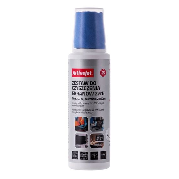 Activejet AOC-269 Liquid, Screen cleaning kit 2in1 250 ml, 20x20 cm,  Screen cleaner, plastic cleaner and microfiber cleaning cloth 20x20 cm | Techbox