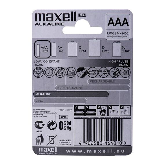 Maxell Battery Alkaline LR-03 AAA 4-Pack Single-use battery - Batteries & Chargers - Consumables - Techbox