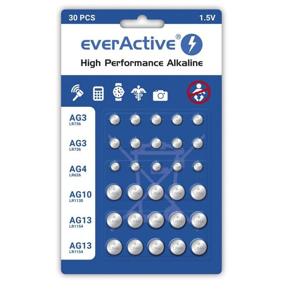 Mini alkaline battery Set everActive 10 x G3 / LR41, 5 x G4 / LR626, 5 x G10 / LR1130, 10 x G13 / LR1154 | Techbox