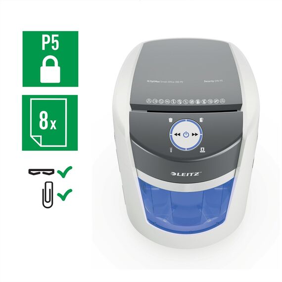 Leitz IQ OptiMax Small Office 350 Micro Cut Paper Shredder Security P5 22L - White | Techbox