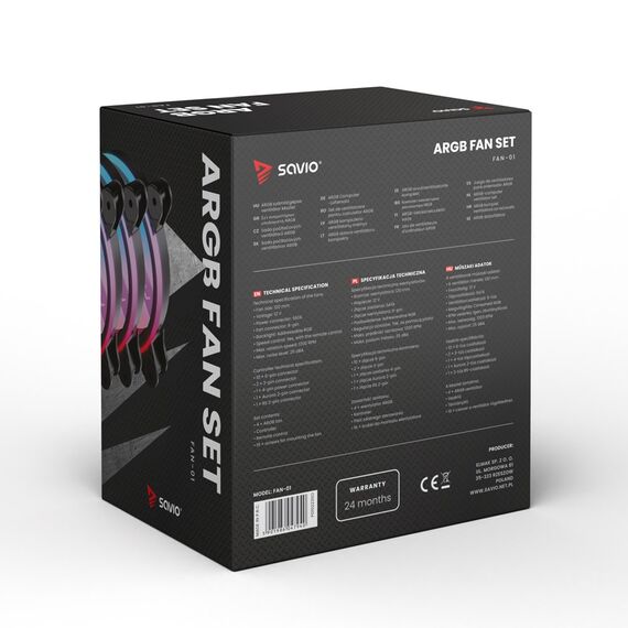 SAVIO FAN-01 4-pack 120mm ARGB fan including controller and remote control - Fans - PC Cases & Accessories - Techbox