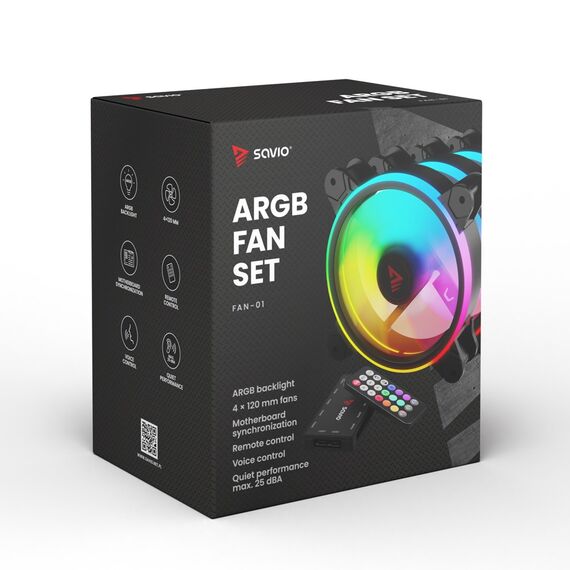 SAVIO FAN-01 4-pack 120mm ARGB fan including controller and remote control - Fans - PC Cases & Accessories - Techbox