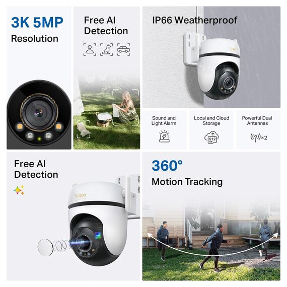 TP-Link Outdoor Pan/Tilt Security Wi-Fi Camera SPEC: 3K 5MP (2880x1620), 2.4 GHz, 2 × External Antennas, 1 × Ethernet Port, Horizontal 360º | Techbox