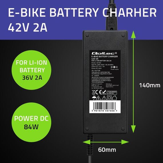Qoltec 50760 Charger for e-bike batteries 36V | 42V | 2A | 5.5*2.1 | Techbox