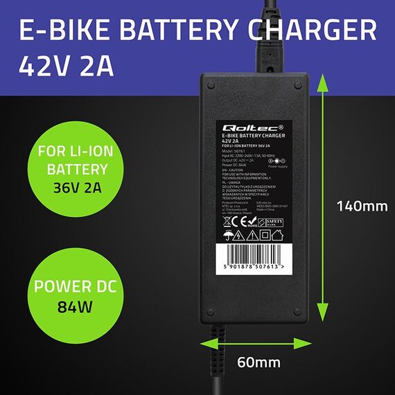 Qoltec 50761 Charger for e-bike batteries 36V | 42V | 2A | 5.5*2.5 | Techbox