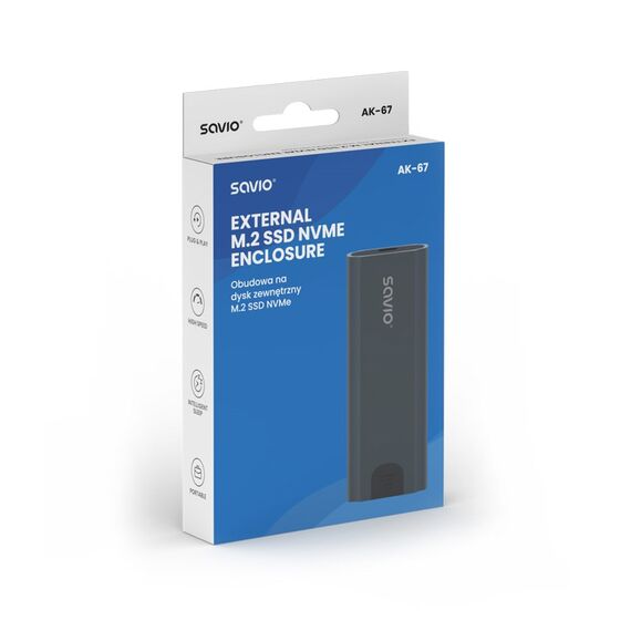 Savio M.2 SSD NVMe external drive enclosure, USB-C 3.1, AK-67, grey | Techbox