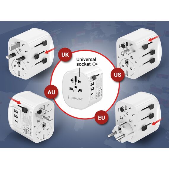 Gembird TPA-EU2A1C15-01-W Grounded universal travel power adapter, 15 W, white - Adaptors & Plugs - Cables & Adapters - Techbox