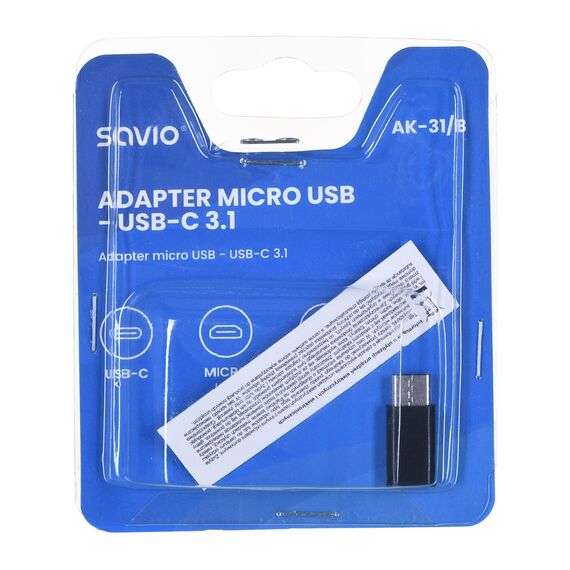 Savio AK-31 / B cable interface/gender adapter Micro USB USB 3.1 Typ C Black - Adaptors & Plugs - Cables & Adapters - Techbox