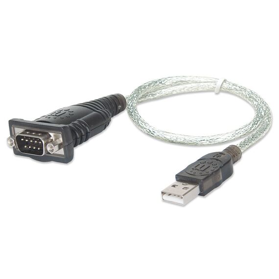 Manhattan USB-A to Serial Converter cable, 45cm, Male to Male, Serial/RS232/COM/DB9, Prolific PL-2303RA Chip, Equivalent to ICUSB232V2, Black/Silver cable, Three Year Warranty, Blister | Techbox
