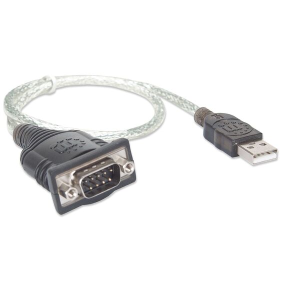 Manhattan USB-A to Serial Converter cable, 45cm, Male to Male, Serial/RS232/COM/DB9, Prolific PL-2303RA Chip, Equivalent to ICUSB232V2, Black/Silver cable, Three Year Warranty, Blister | Techbox