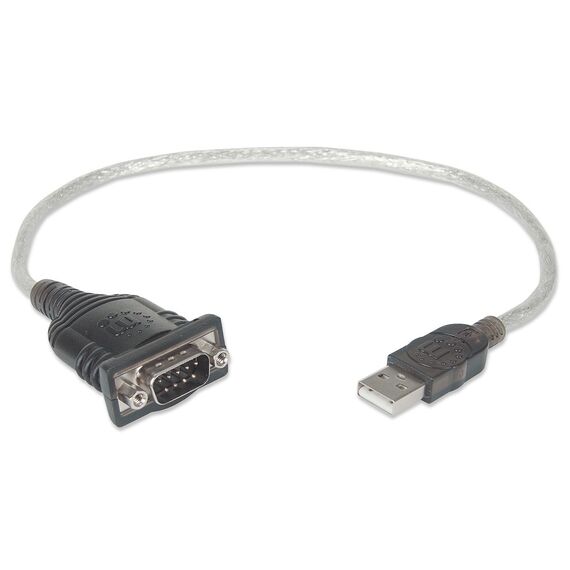 Manhattan USB-A to Serial Converter cable, 45cm, Male to Male, Serial/RS232/COM/DB9, Prolific PL-2303RA Chip, Equivalent to ICUSB232V2, Black/Silver cable, Three Year Warranty, Blister | Techbox