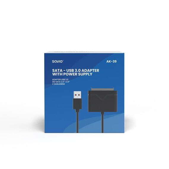 SAVIO AK-39  USB 3.0 - SATA III adapter for 3.5″/2,5" drives with power supply Black | Techbox
