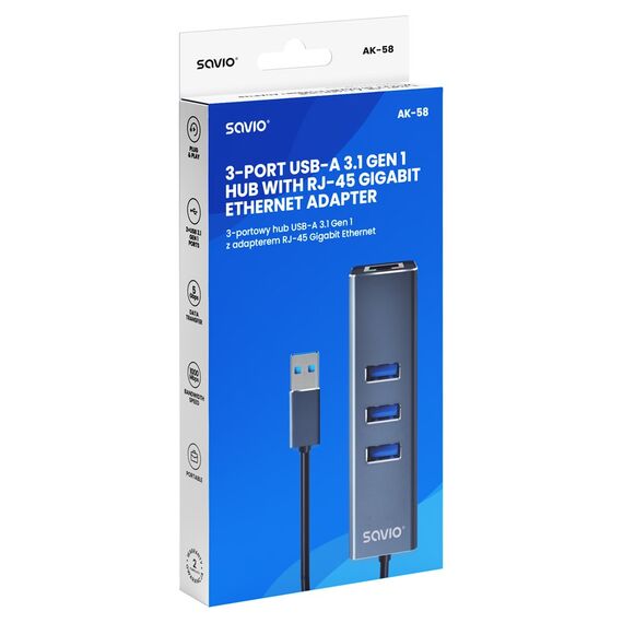 Savio AK-57 USB-A - 3 x USB-A HUB with RJ-45 Gigabit Ethernet adapter 5000 Mbit/s grey USB 3.2 Gen 1 (3.1 Gen 1) Micro-B 5000 Mbit/s | Techbox