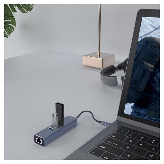 Savio AK-57 USB-C - 3 x USB-A HUB with RJ-45 Gigabit Ethernet adapter, 5000 Mbit/s, grey | Techbox